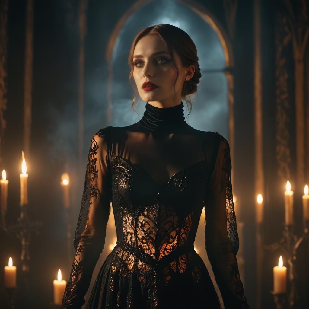 Ethereal Gothic Goddess in Cinematic Film Still