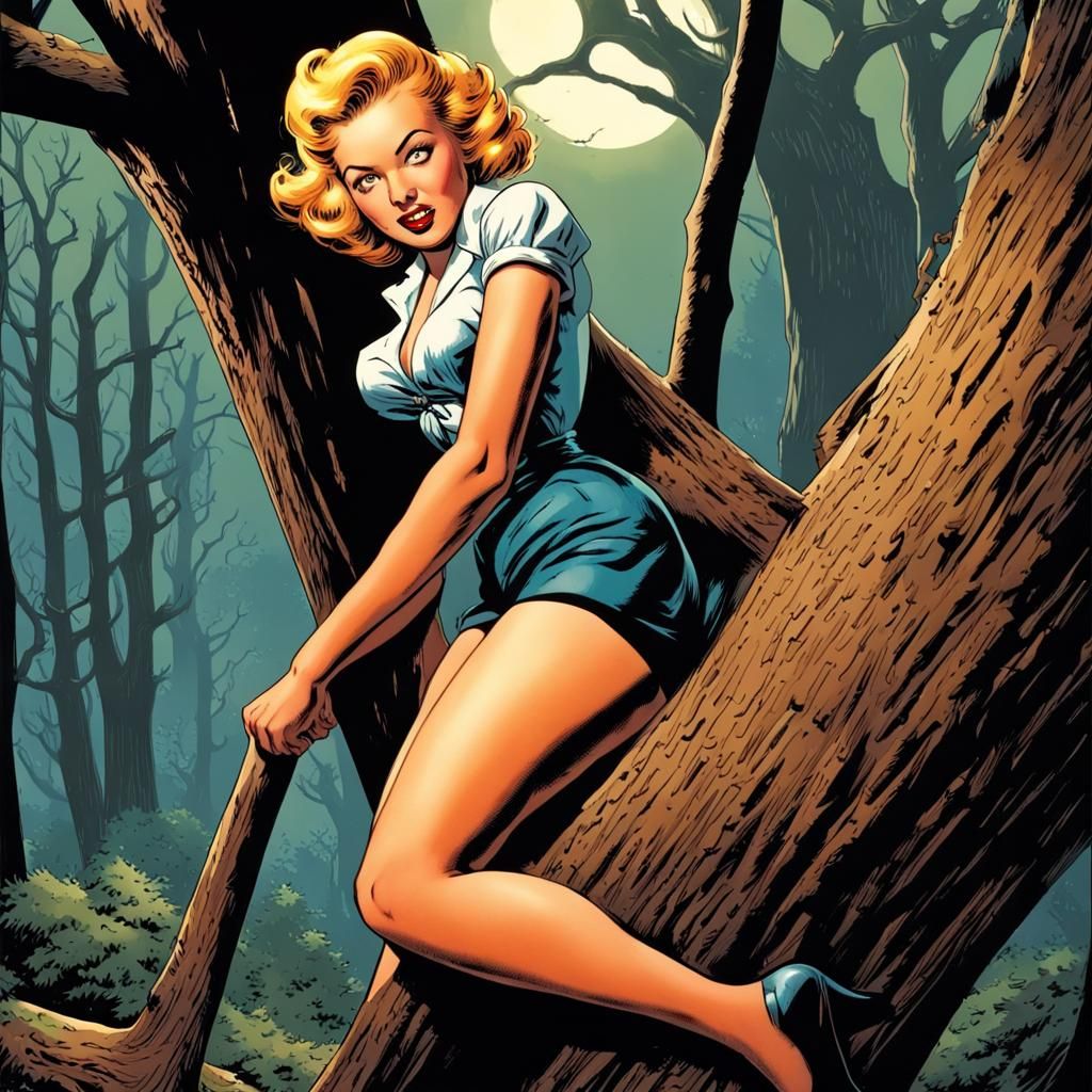 1950s Halloween Pinup Girl in Forest, Comic Art