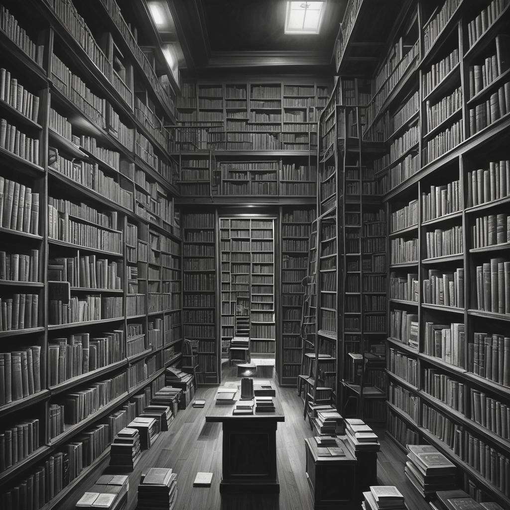 Sinister Library with Impossible Shelves in Grayscale