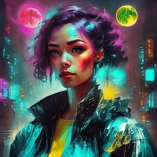 Cyberpunk portrait with two moons.