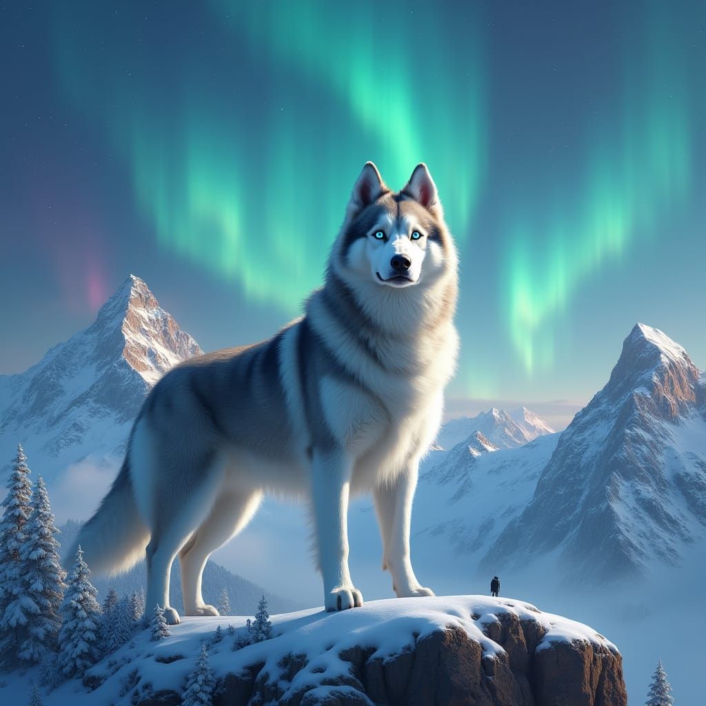 Regal Siberian Husky Amidst Aurora Borealis in a Photorealis...