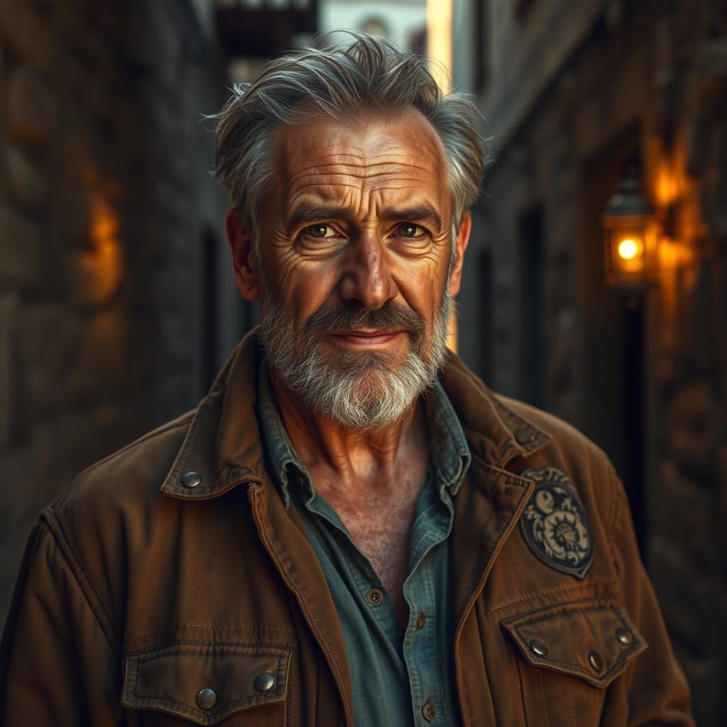 Ruggedly Handsome Man Surrounded by Ancient Stone Walls in a...