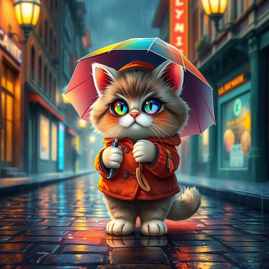 Whimsical Cat in Rainbow-Colored Rainy City