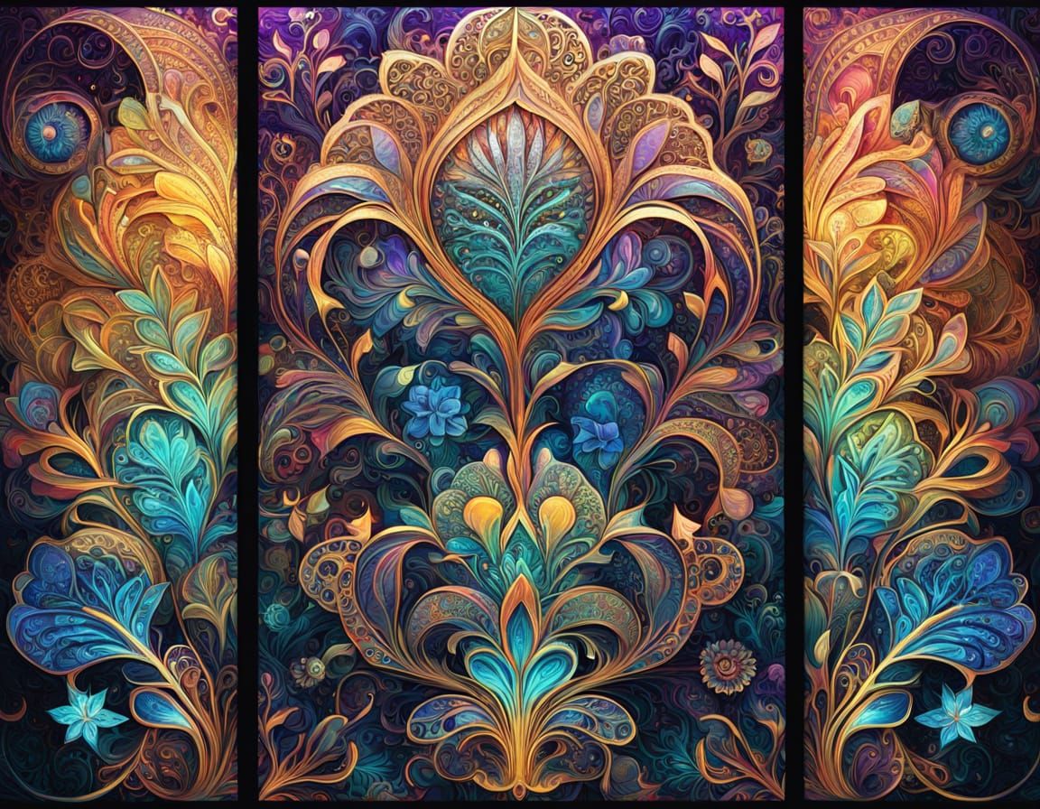 Intricate Floral Triptych with Holographic Gradient and Gold...