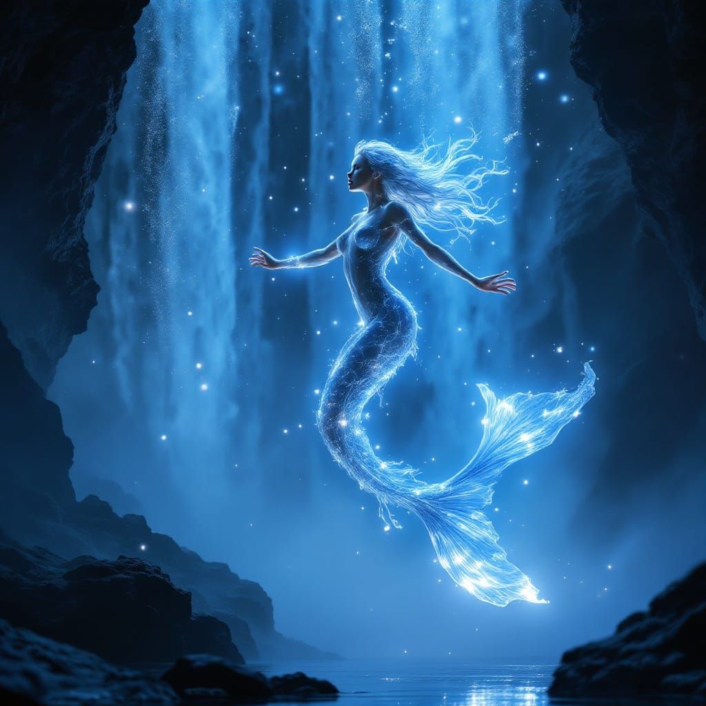 Ethereal Mermaid Ascends in Shimmering Blue Aura