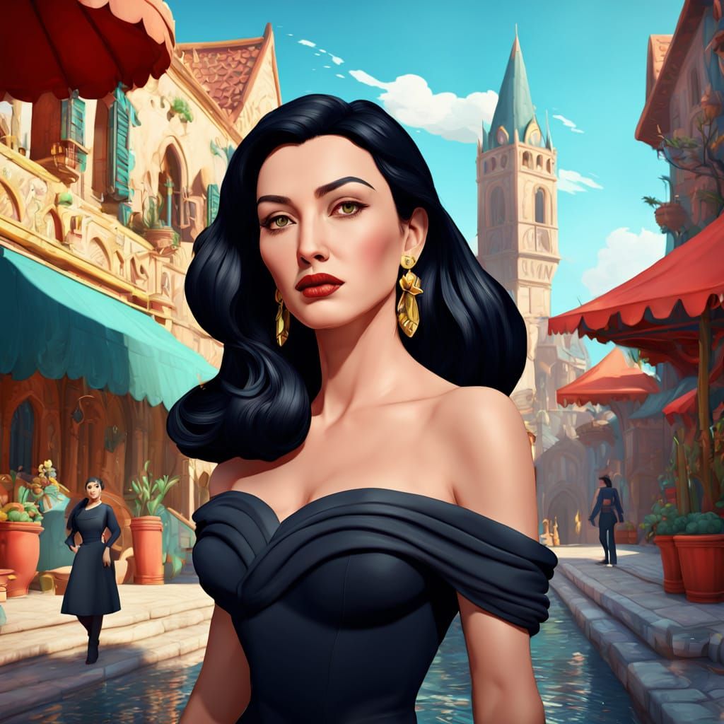 Monica Bellucci Cartoon in Detailed Matte Painting