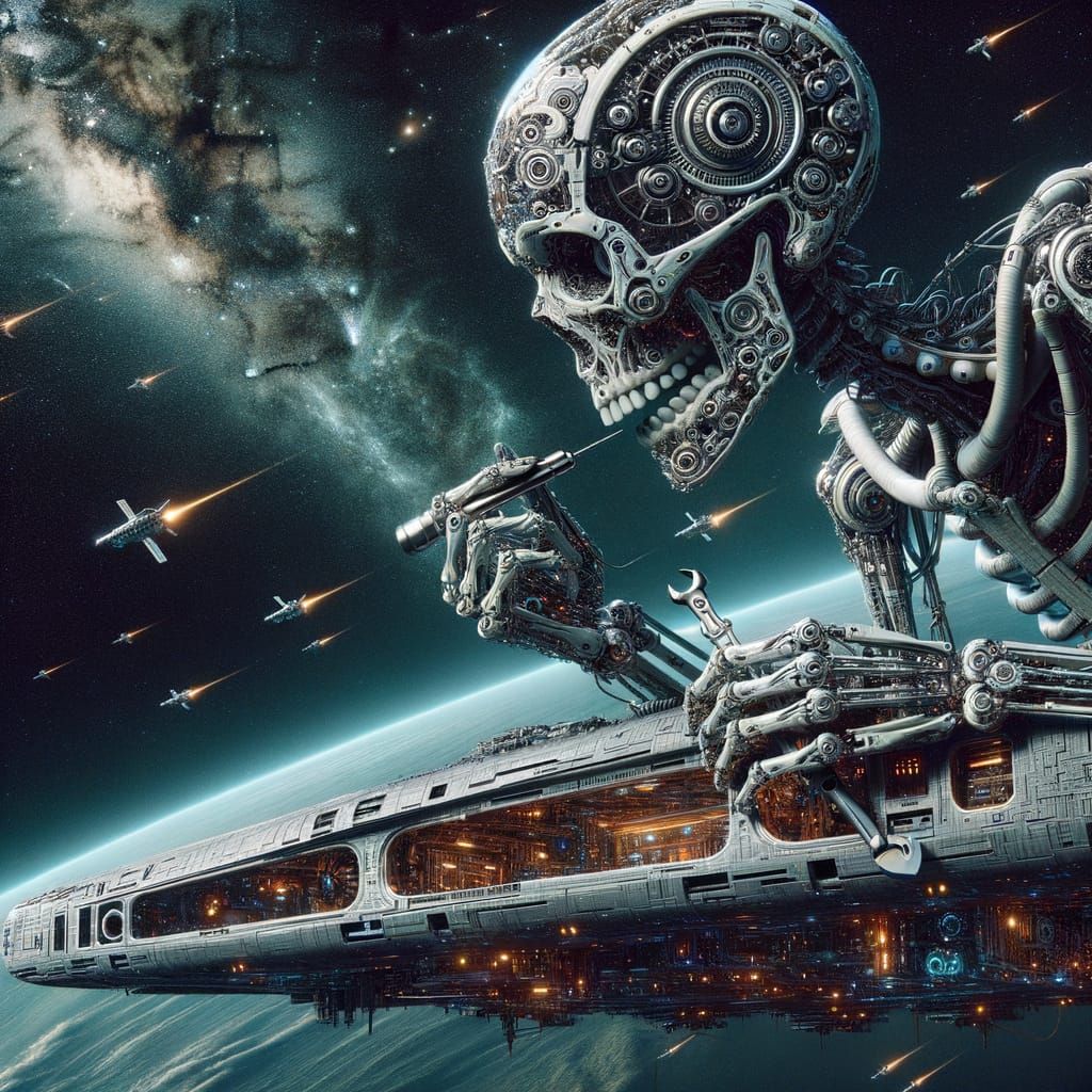 Tiny Robot Skull Repairs Futuristic Spaceship in Space