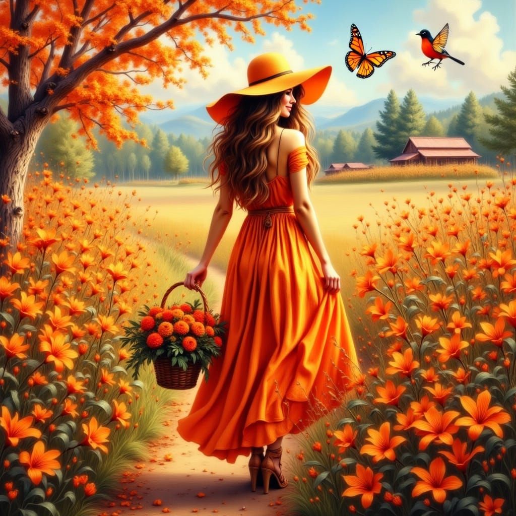 Vibrant Autumn Goddess in an Orange Paradise