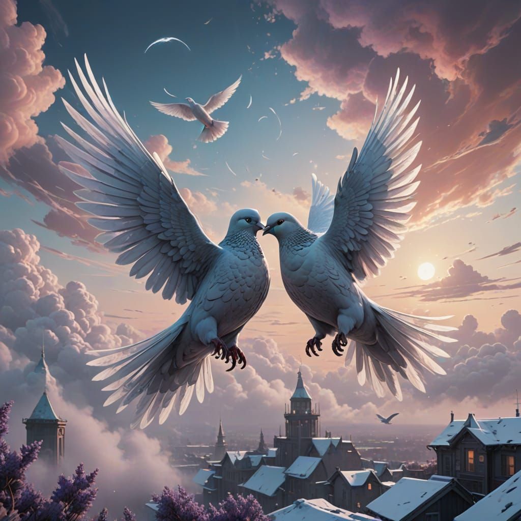 Majestic Doves Form Heart Shape in Whimsical Dreamlike Lands...