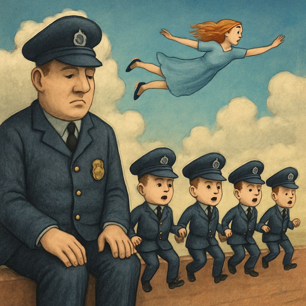 Whimsical City Policemen in a Row, Surreal Scene