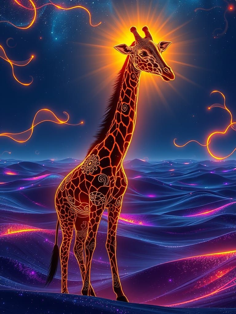 Neon Giraffe in Stained Glass Landscape