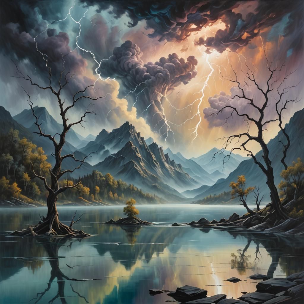 Surreal Lake Landscape with Approaching Storm