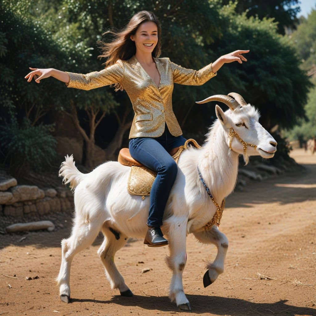 Woman Rides Glittering Goat in Fantasy Scene