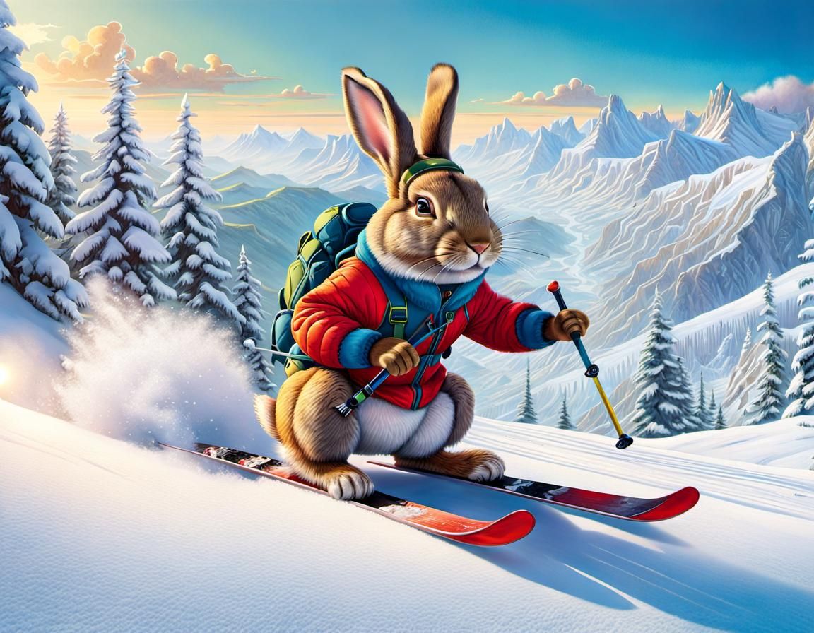 Rabbit Skier in Action: Hyper-Realistic Winter Scene