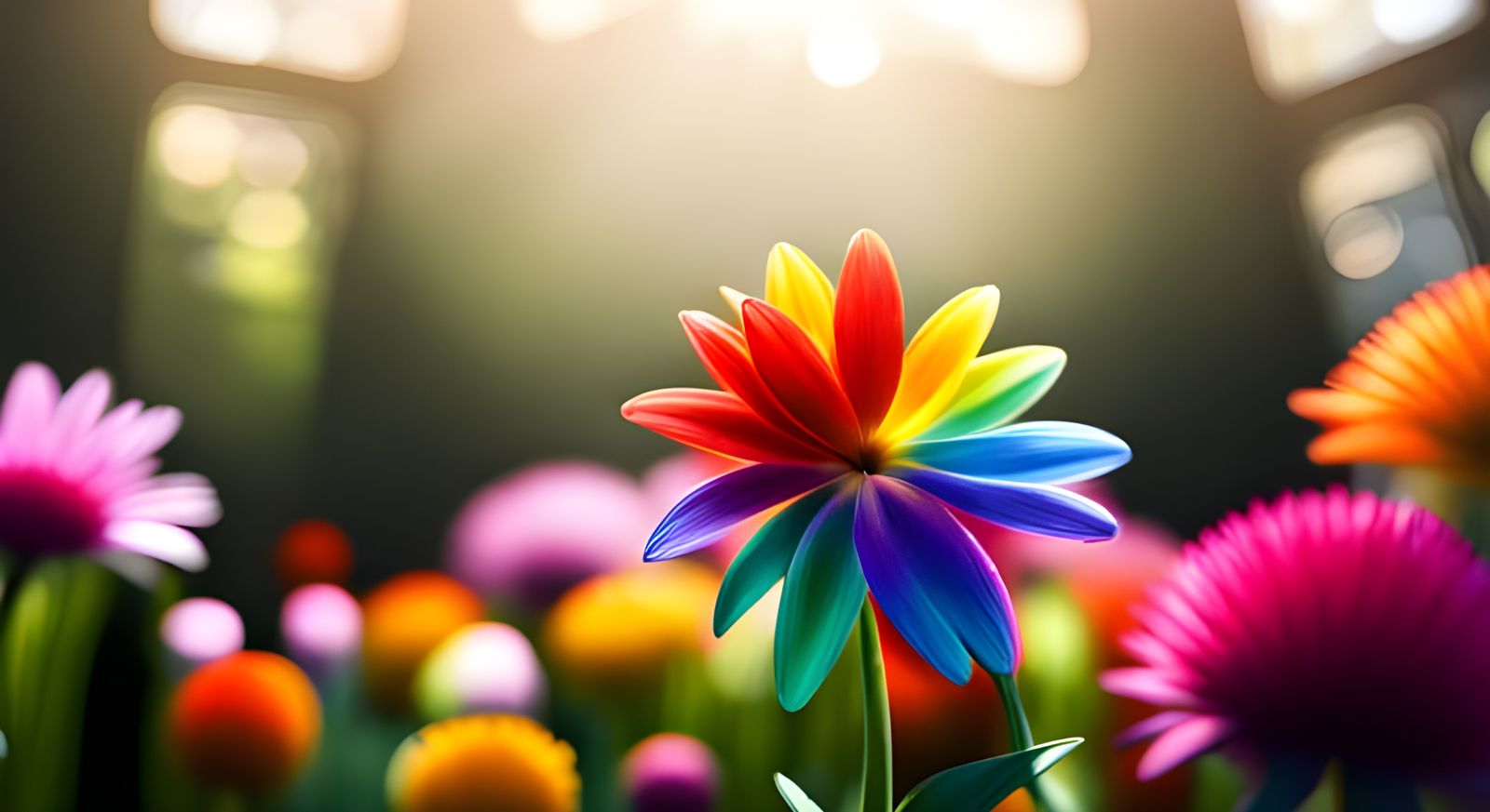 Rainbowflower Blooms in Dark Greenhouse as 3D Digital Art