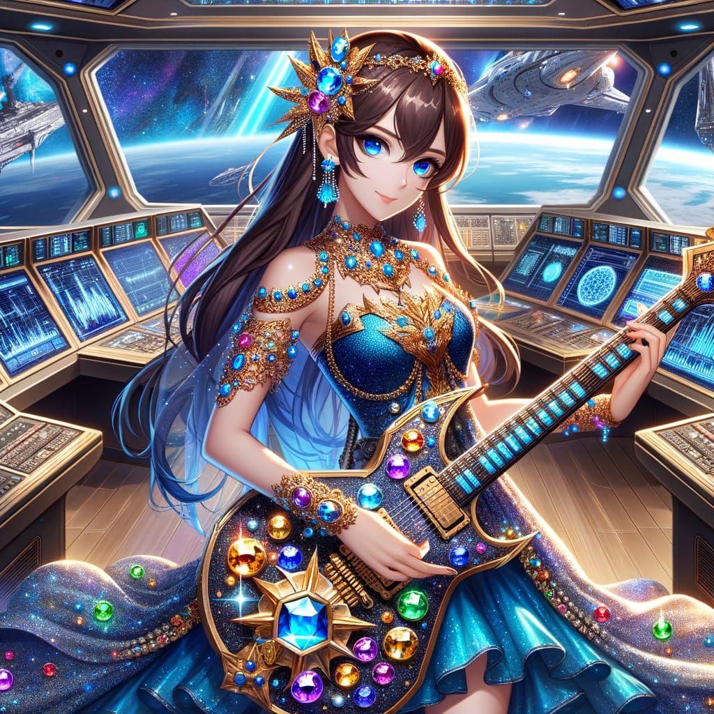 Anime Woman Plays Guitar on Starship Bridge