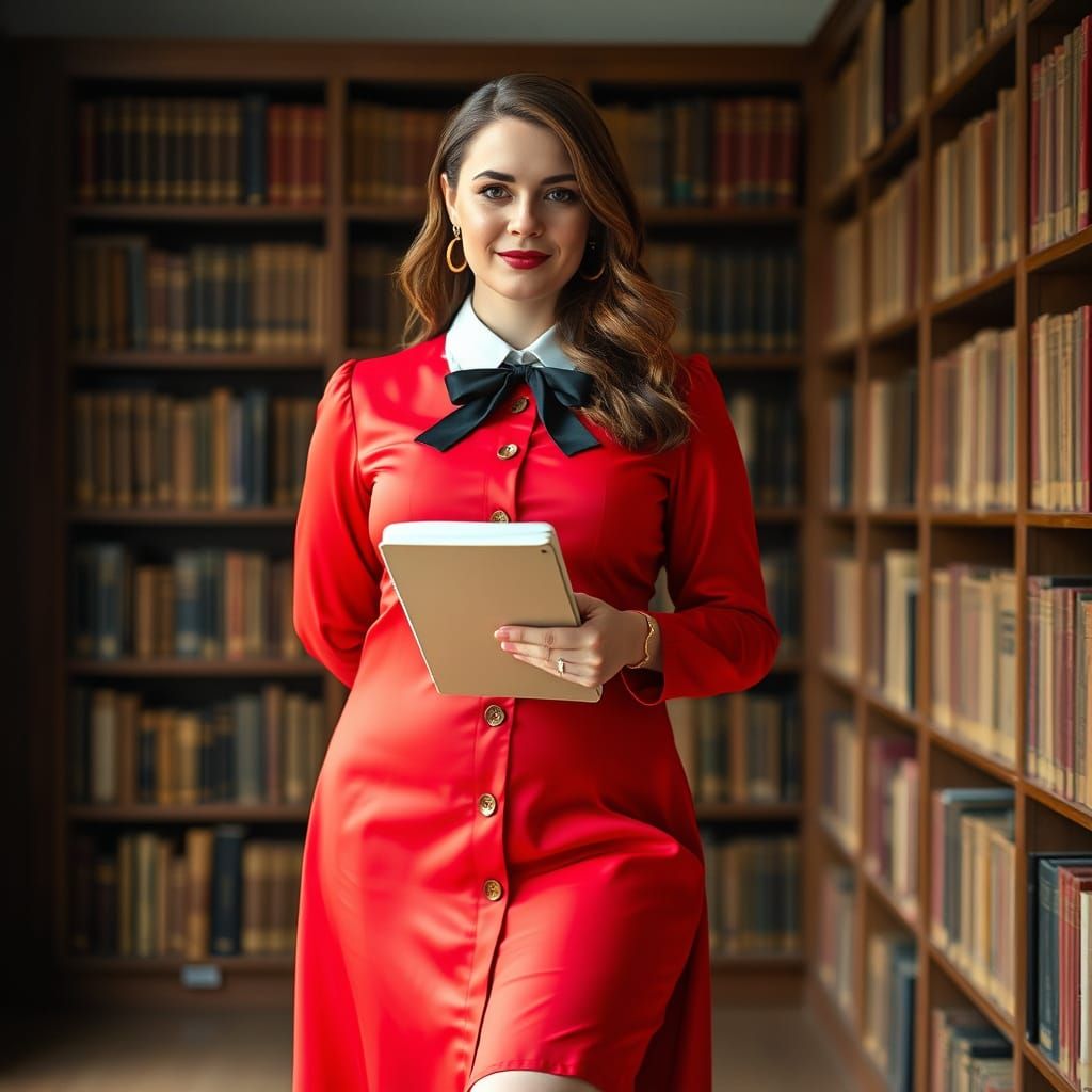 Irish Woman in Red Dress Portrait in Library