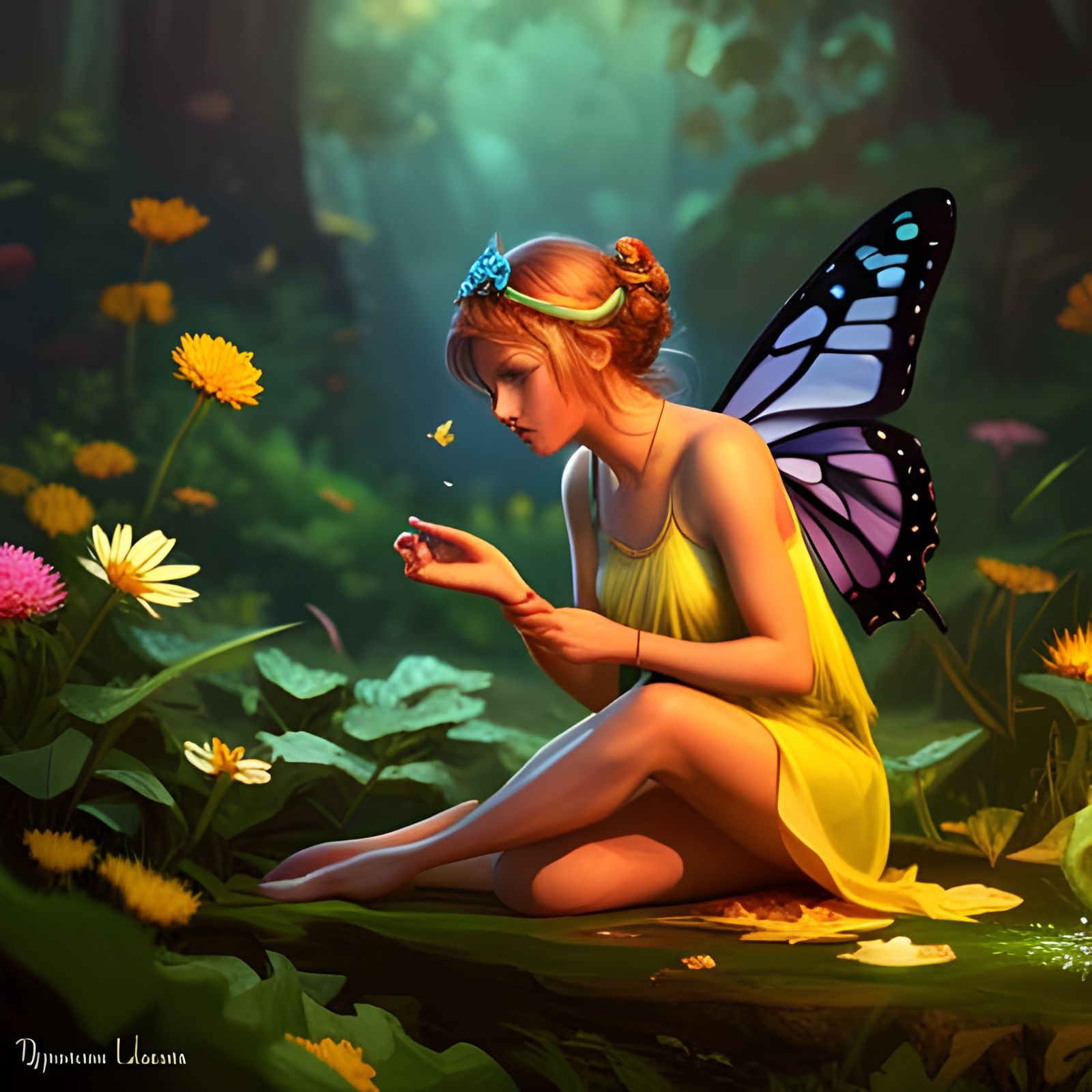 Fairy and Butterfly in Hyperdetailed Garden
