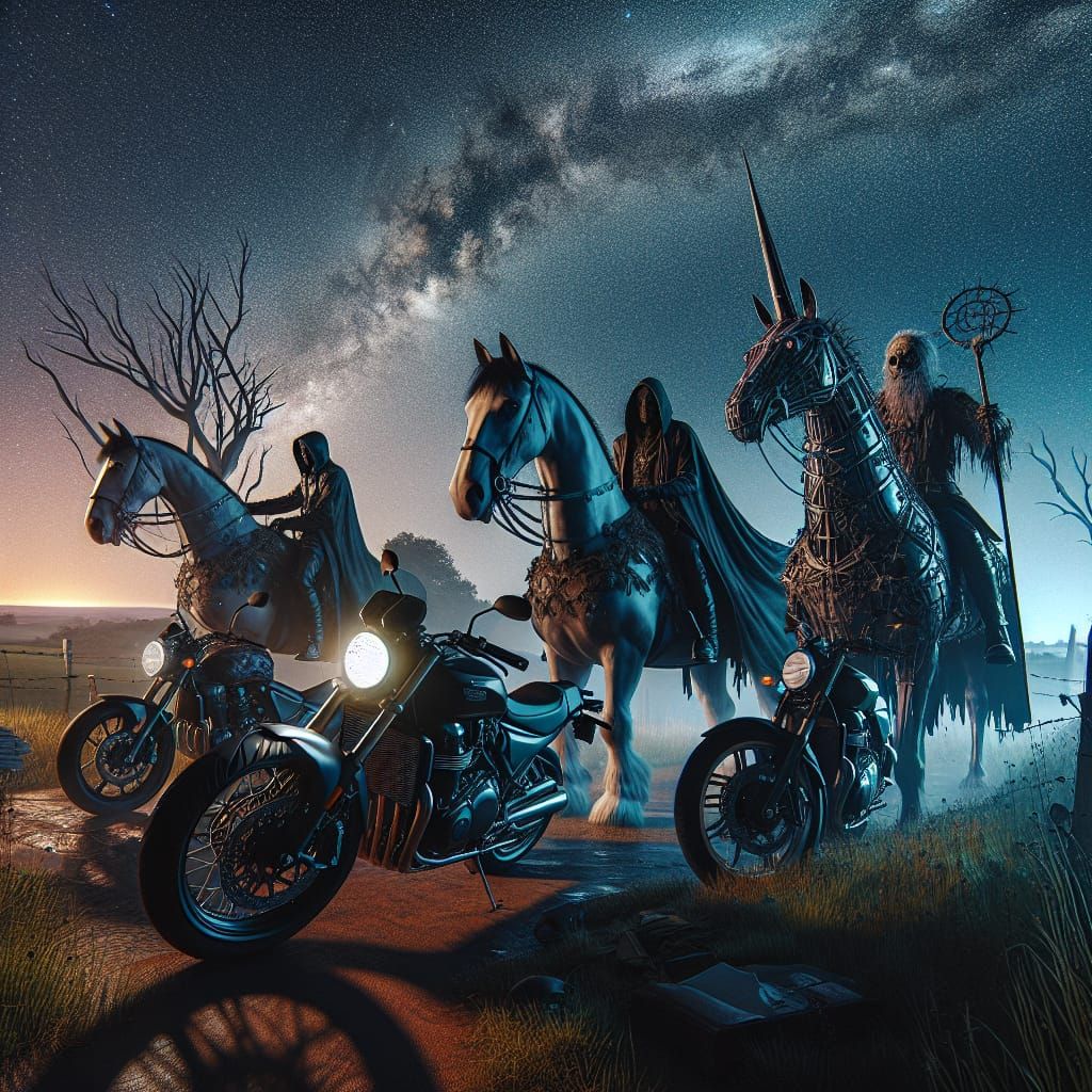 Wild Hunt on Motorcycles Under Starry Night