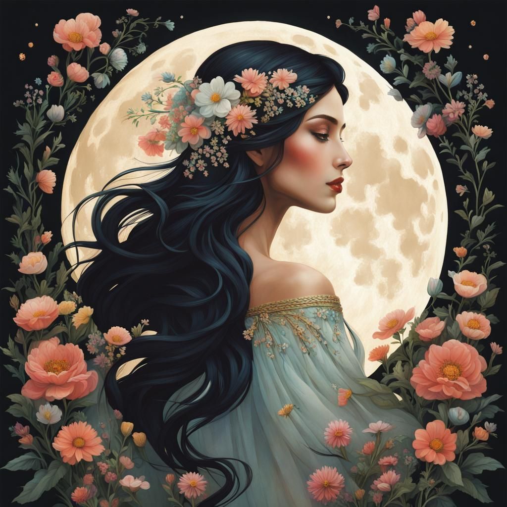 Ethereal Moon Goddess Surrounded by Flowers