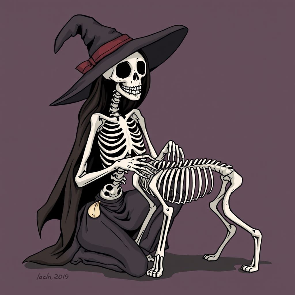 Skeletal Witch and Cat Halloween Art