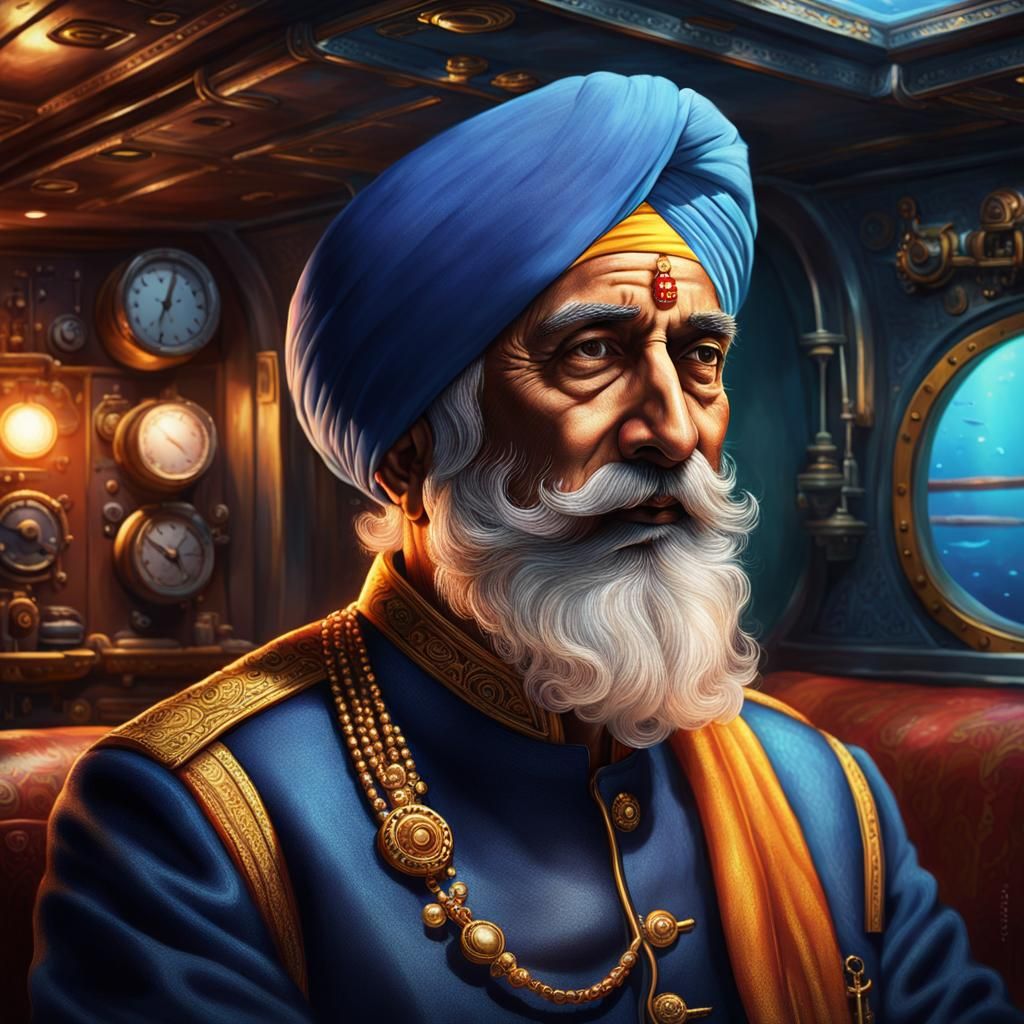 Elderly Sikh Captain in Submarine, Hyperrealistic Concept Ar...