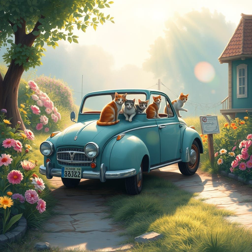 Old Car with Cats in Soft Watercolor Landscape