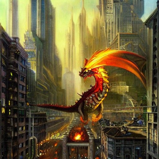 Hyperrealistic Dragon Destroys Modern City: Oil Painting