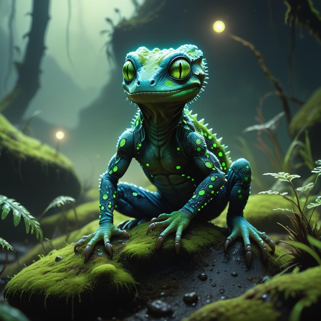 Bioluminescent Alien Creature in Misty Exoplanet Swamp