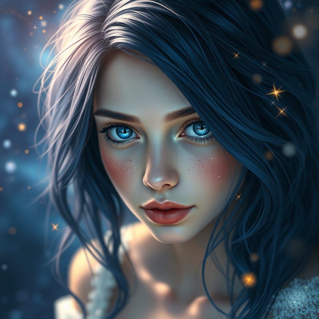 Ethereal Beauty with Blue Hair: Digital Fantasy Art