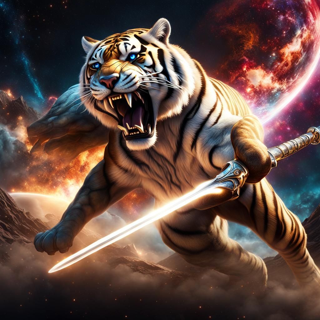 Spartan Warrior vs Saber-Tooth Tiger in Fantasy Art