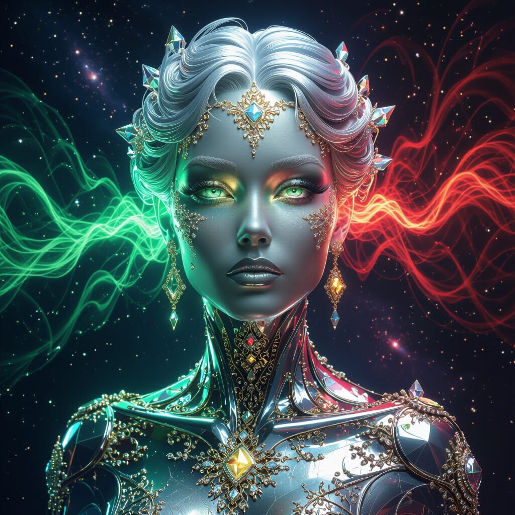 Crystal Woman with Cosmic Eyes and Gamma Rays
