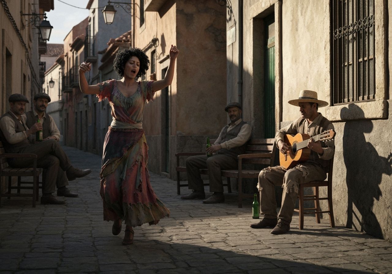 Fado Dancer in Gritty Alleyway with Guitarist