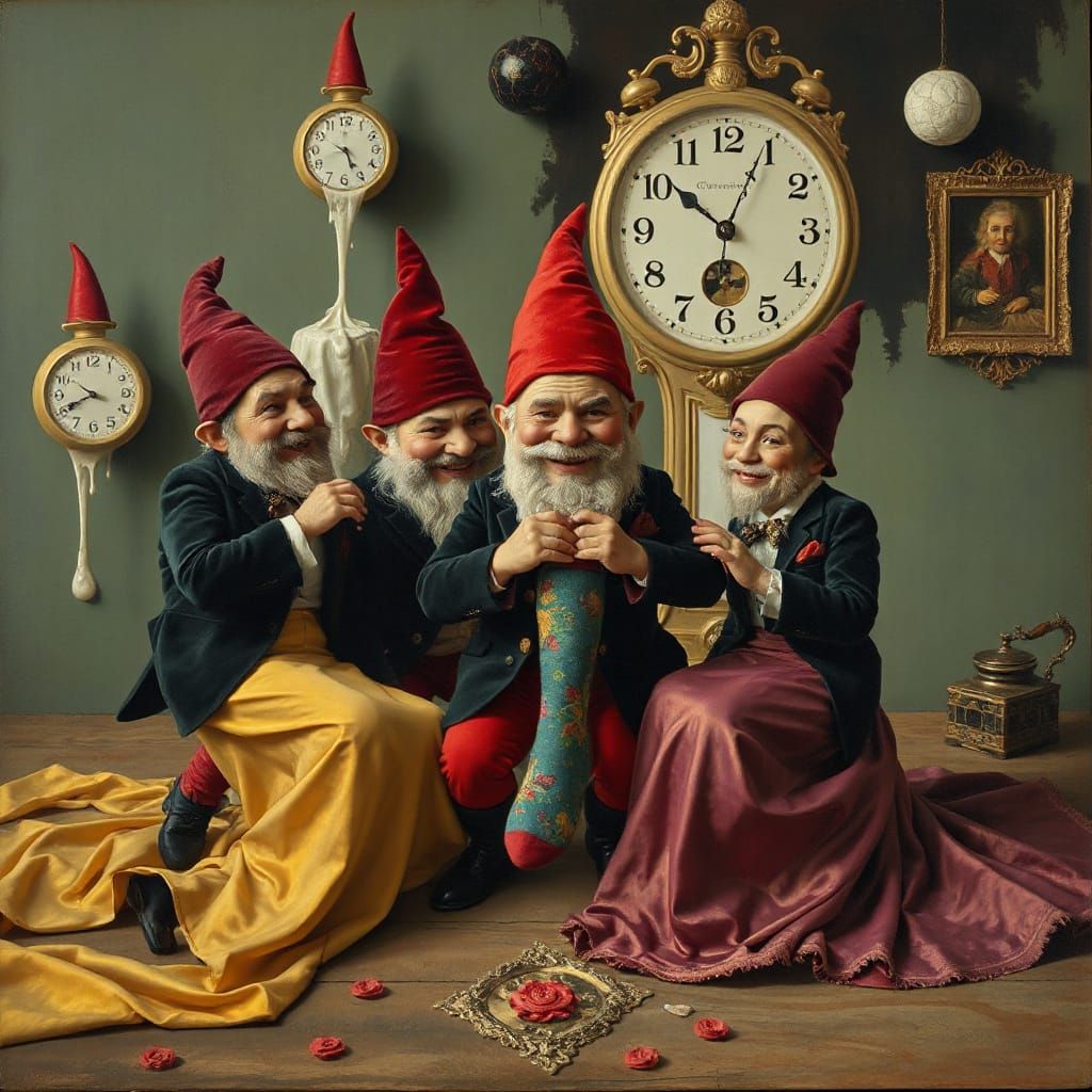 Gnomes Stealing Socks in Surrealist Style