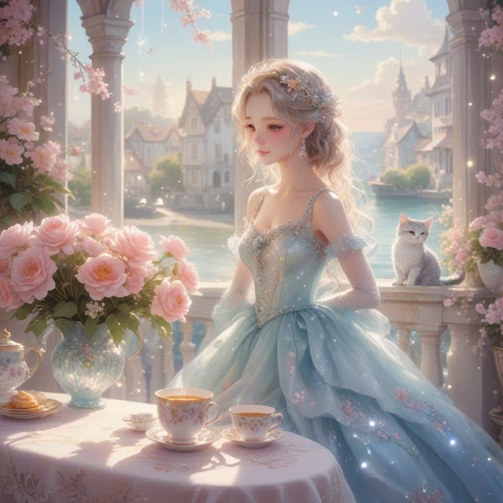 Cat in Ball Gown Sipping Tea, Anime Style