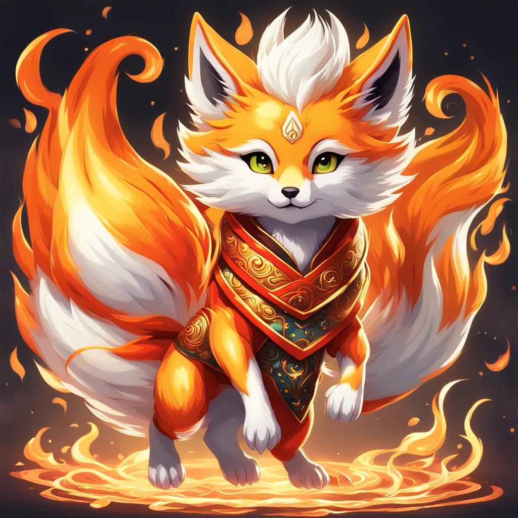 Baby Kitsune with Nine Flickering Flames in Forest