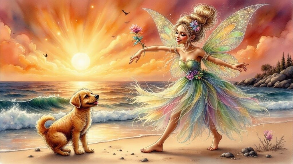 Watercolor Fairy Dancing with Furry Puppy on Vibrant Beach S...