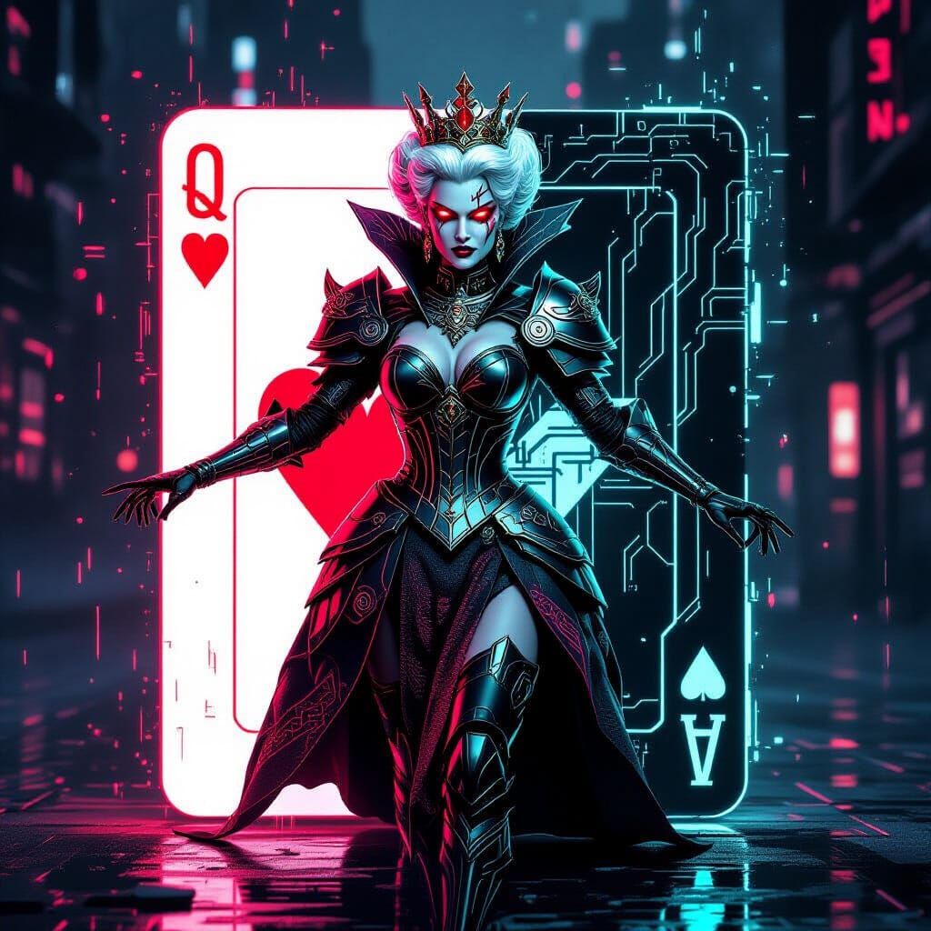 Futuristic Queen of Hearts in Cyberpunk City