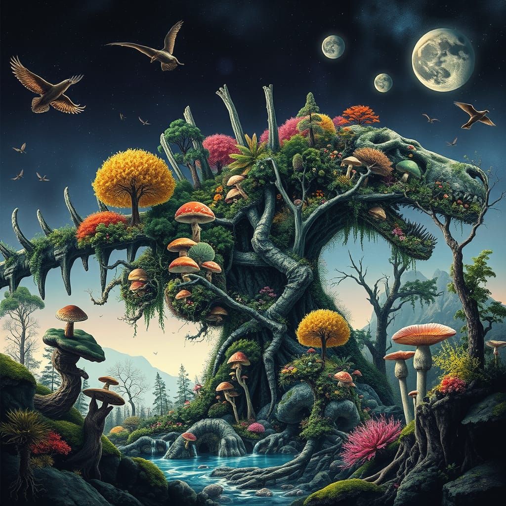 Fantasy Plant Kingdom Thriving in Dinosaur Skeleton