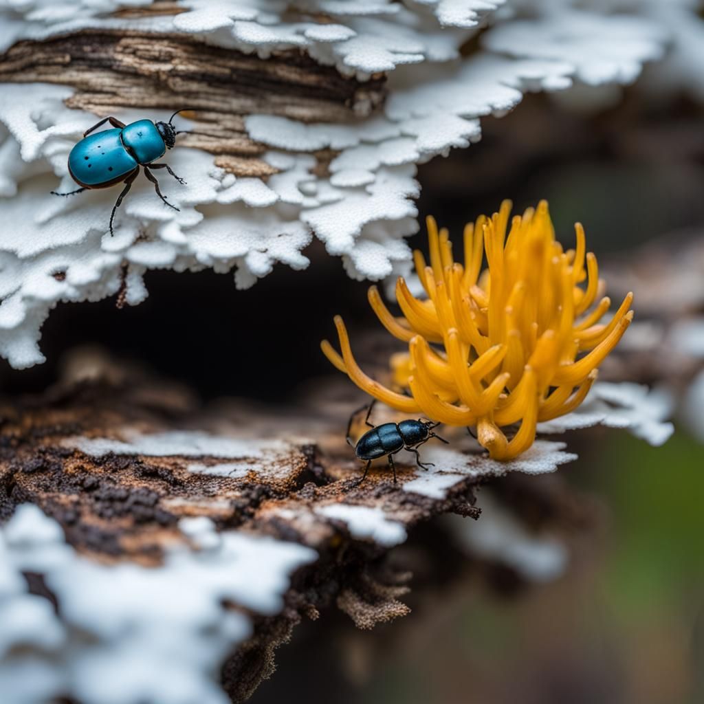 Ramaria Flava Mushroom With Turquoise Beetle