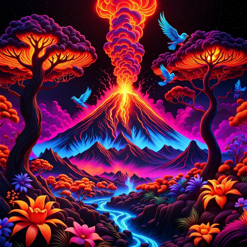 A distant black light world. Huge volcano erupts while wildlife flees and flora flourishes, for now