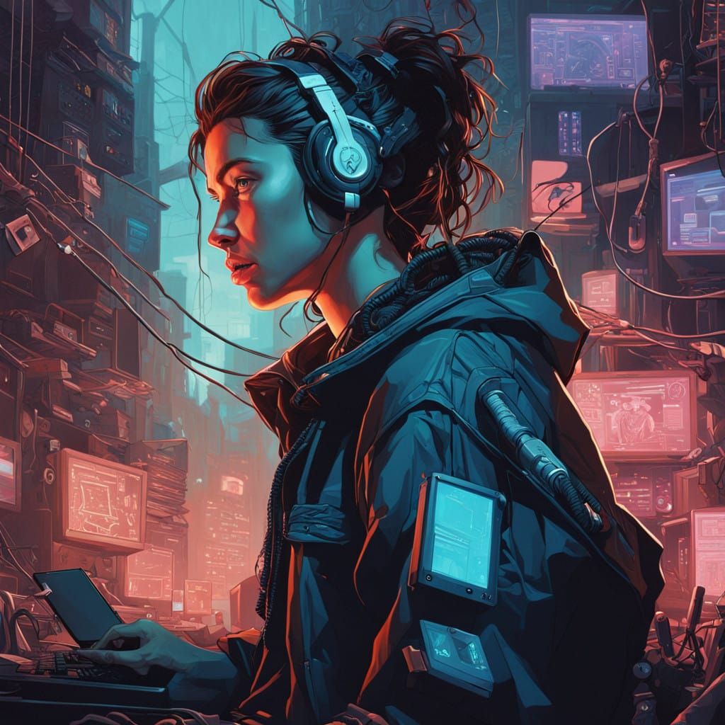 Meghan Howland & Martin Ansin :: cyberpunk :: hips-up portrait of cool but unkempt futuristic brown-haired seasoned comp...