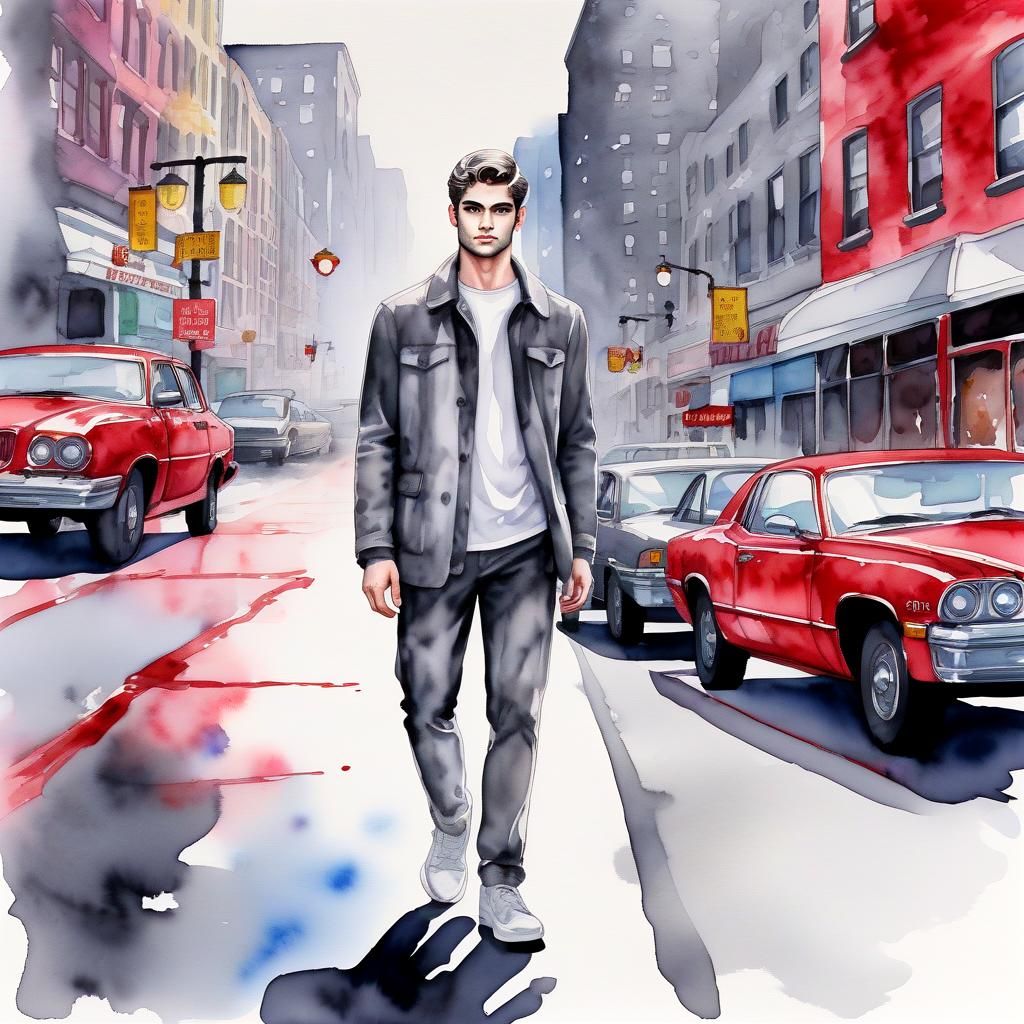 Grey Watercolor Fallen Angel in Cityscape