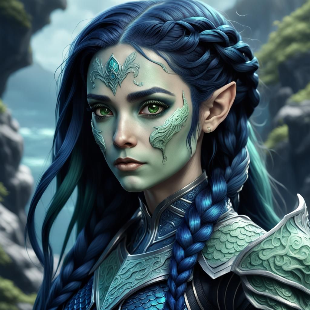 Female Sea Elf in Dark Blue Scale Armor