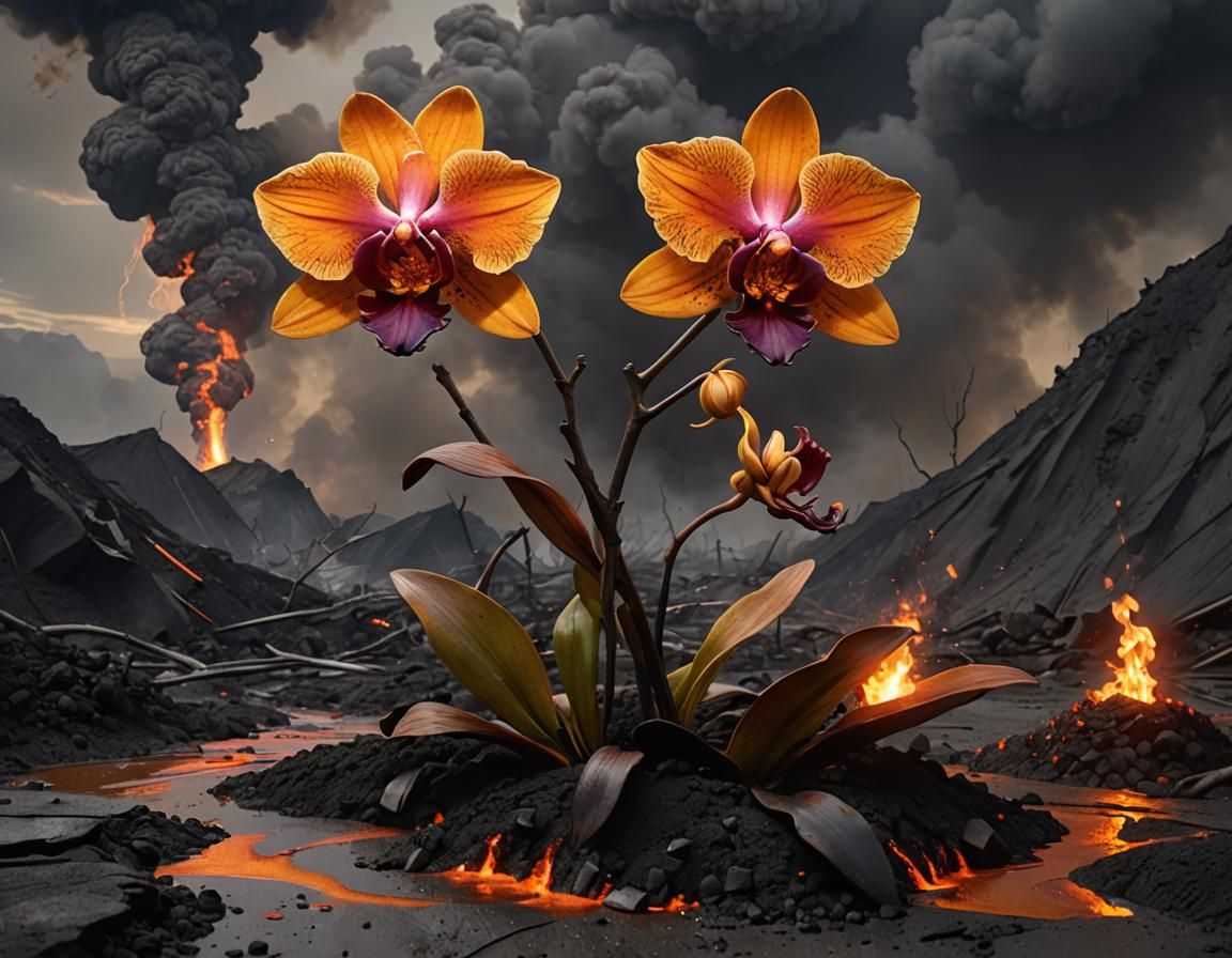 A magma orchid rising from coal ash into a grey sky