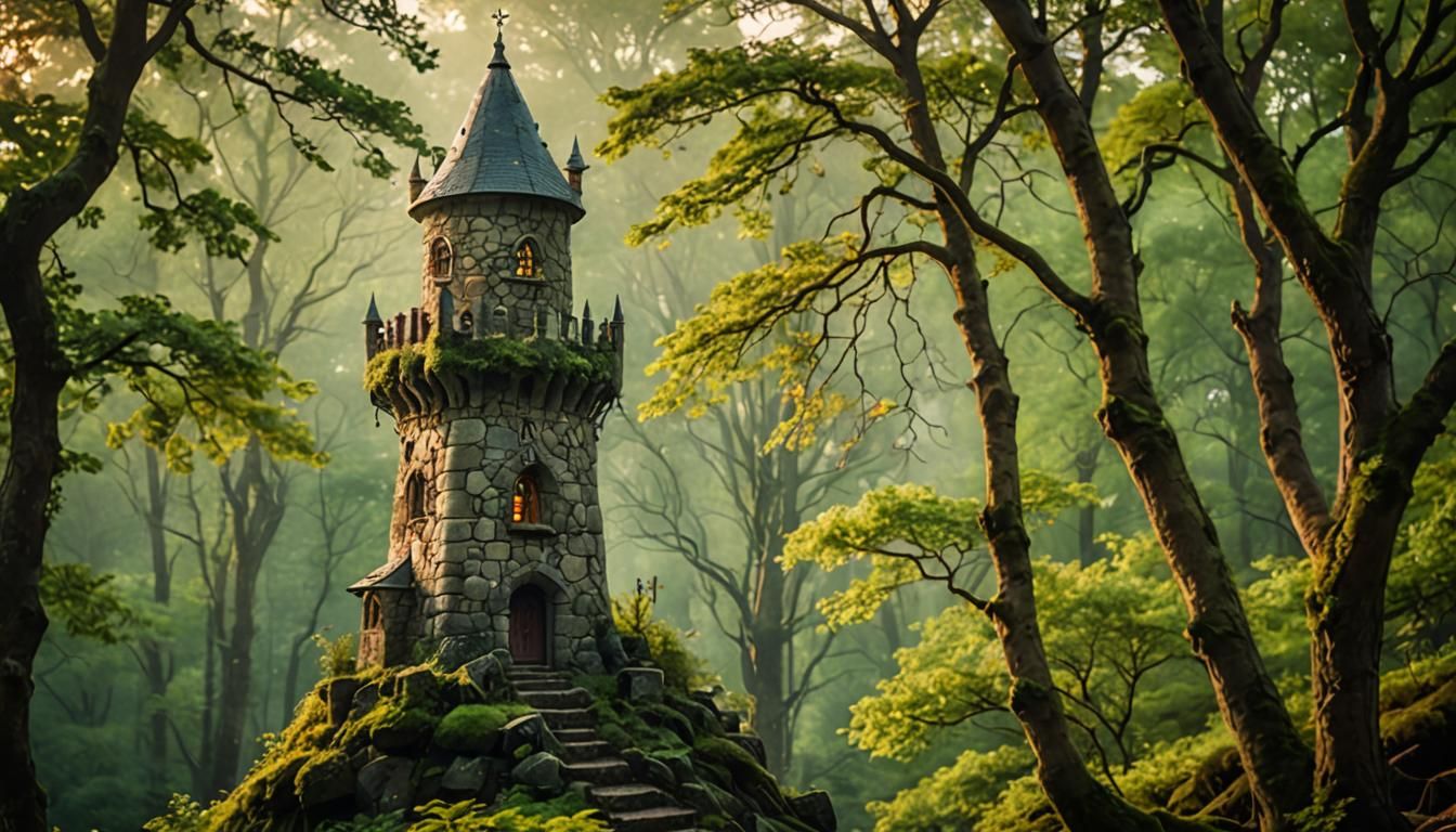 Mystical Wizard Tower in Forest: Golden Hour Photography