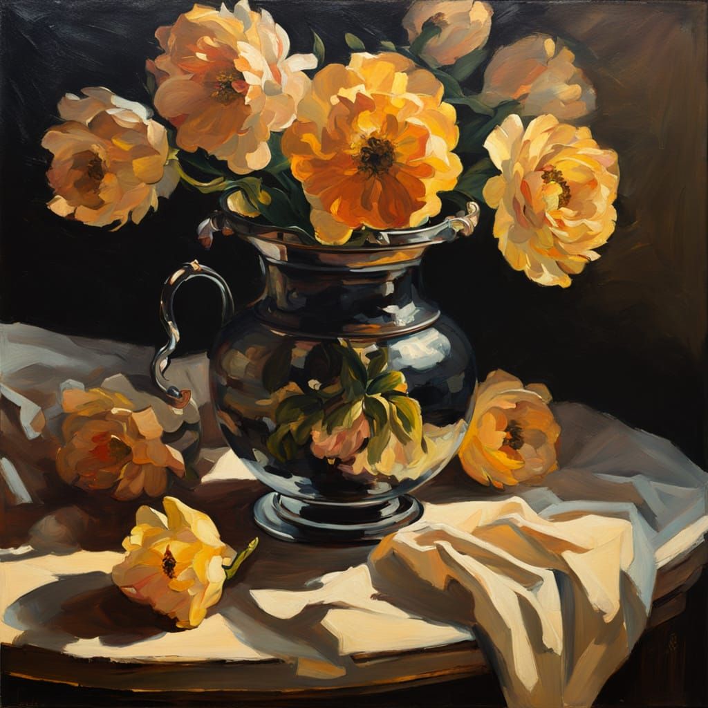 Baroque Floral Still Life Oil Painting with Chiaroscuro