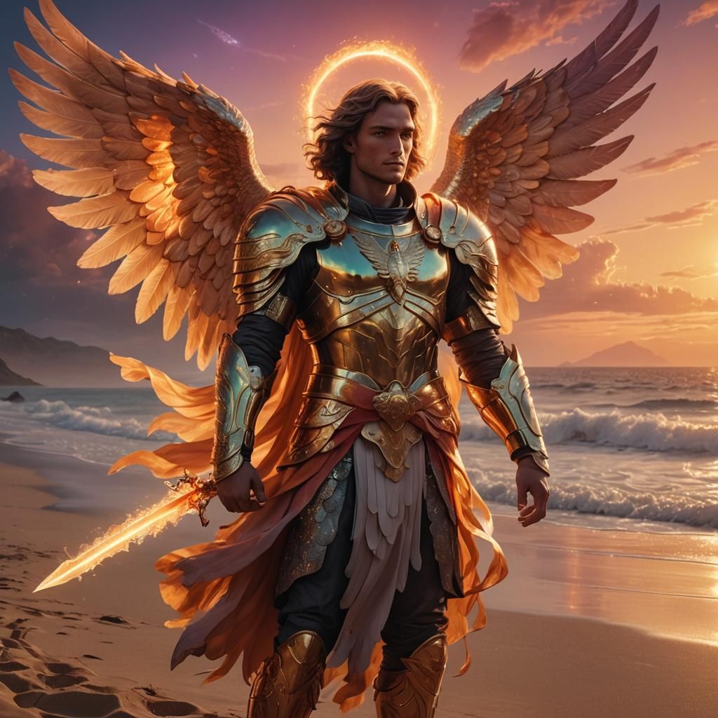 Archangel Michael on Fiery Beach: Surreal Illustration