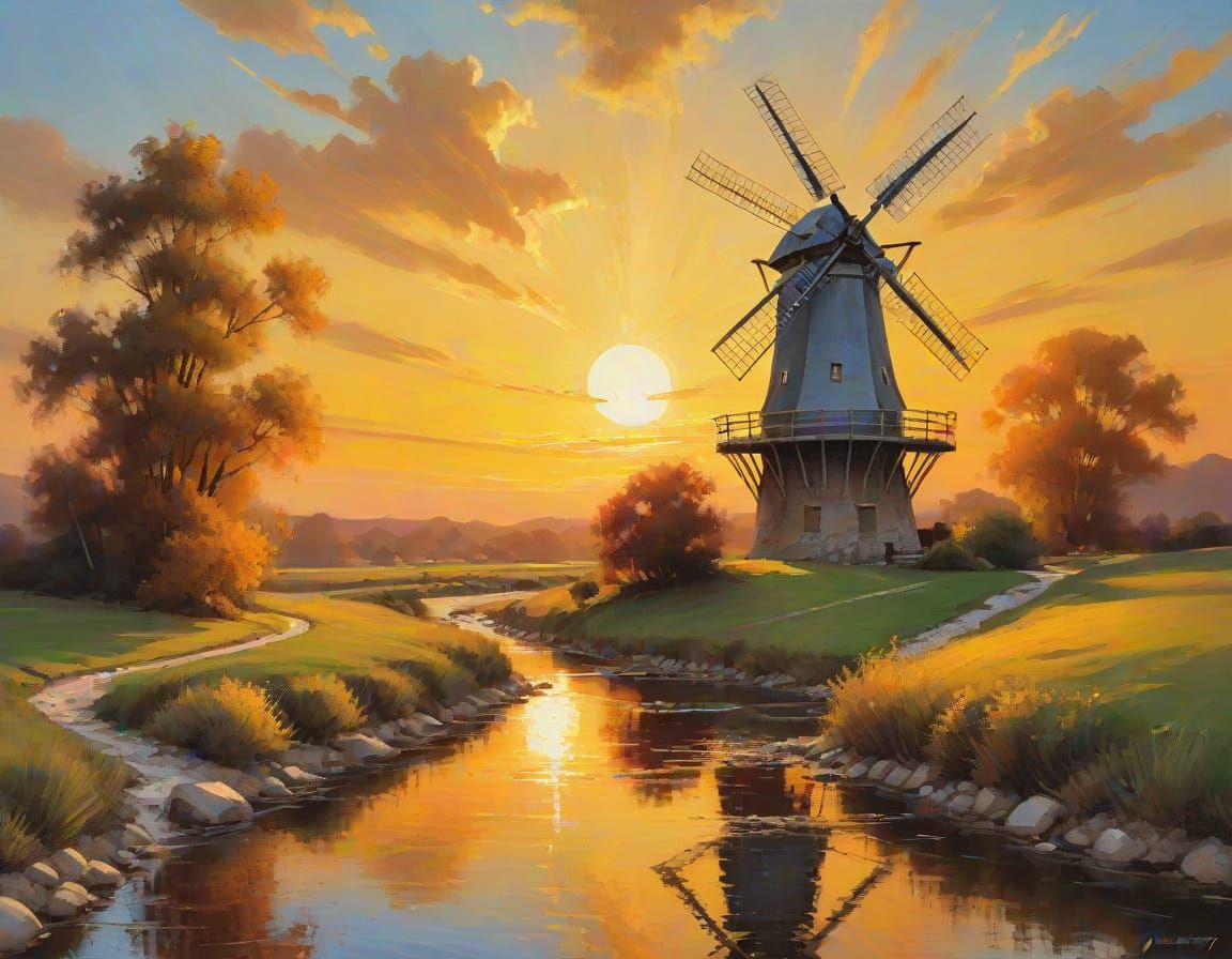 Windmill in Vibrant Sunset Landscape, Oil Painting