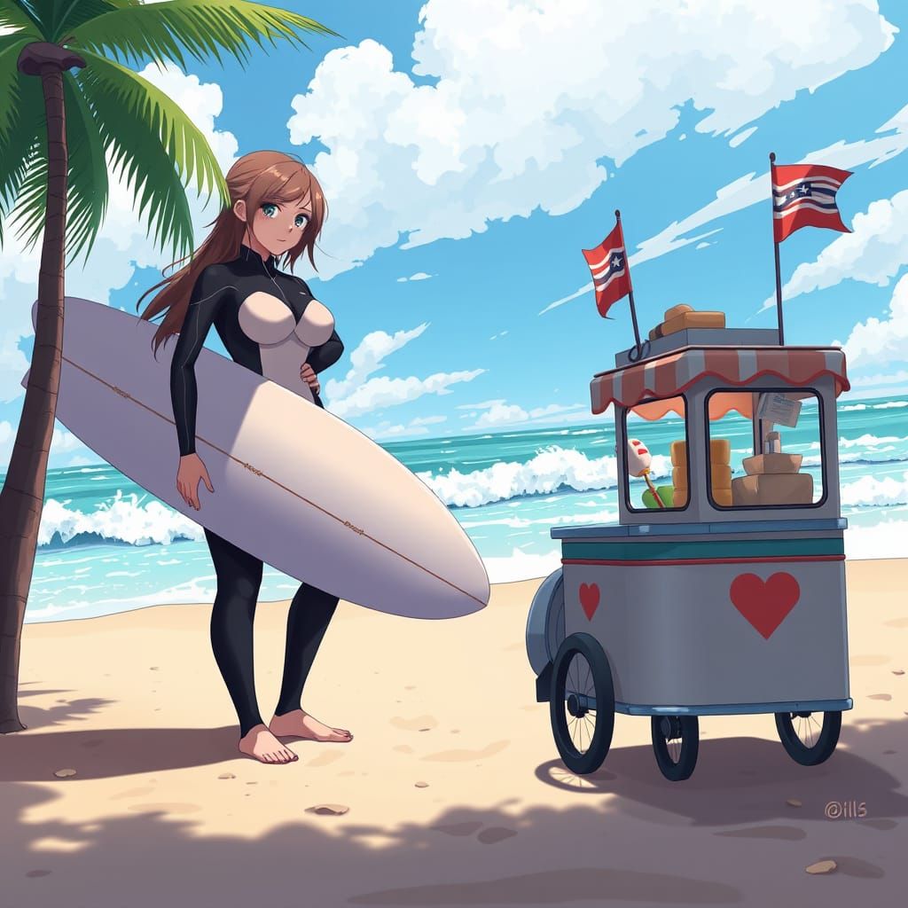Giant Surfer on Beach in Manga Anime Style